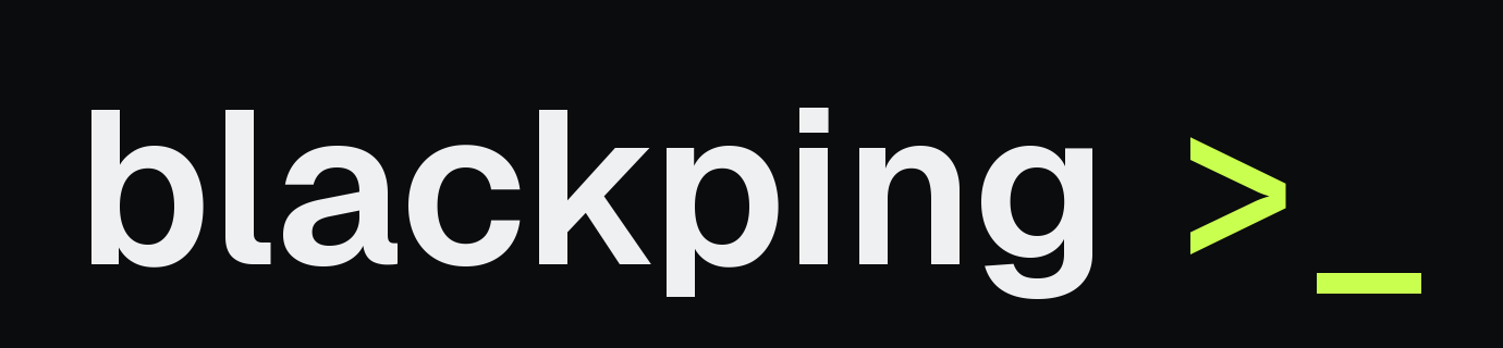 BlackPing lowercase wordmark with lime terminal prompt
